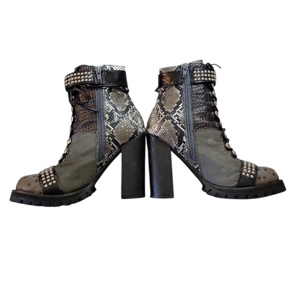 Jeffrey Campbell Lilith Black And Gray Studded Snake Platform Heeled Booties 7 - Picture 2 of 12